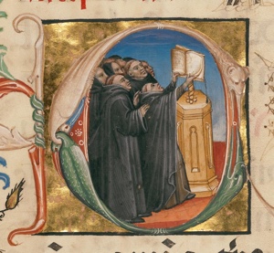 Initial C: Monks Singing; Unknown; Northeastern Italy, Italy; about 1420; Tempera colors, gold leaf, and ink on parchment; Leaf: 46.5 x 34.6 cm (18 5/16 x 13 5/8 in.); Ms. 24, leaf 3v